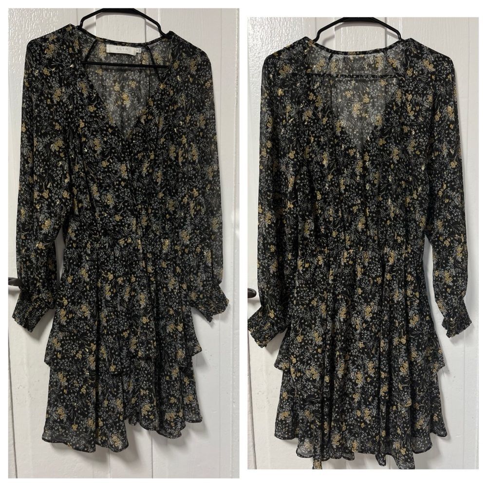 Astr The  Label Black mustard floral Long sleeve tiered dress size medium